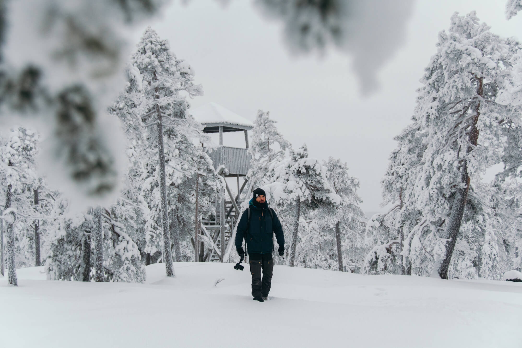 Hiking during december among frozen trees.